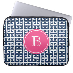 Monogram för marinblå grekiska Nyckel-Shock rosa M Laptop Fodral