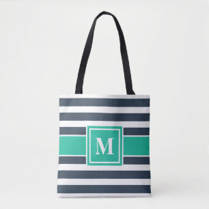 Monogram för marinblå och vit stripe tygkasse