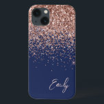 Monogram för marinblå  Rosa ros-Guld-Glitter<br><div class="desc">Ro Guld -  Rosa Faux-Gnistran och Dripping Glitter Brushed Metall Monogram Namn och Initial Mobil. Det gör perfekten söt 16-årsjubileum,  bröllop,  möhippa,  årsdag,  babydusch eller bachelorette-fest för någon som glam lyxen och chic stilar i kärlek.</div>