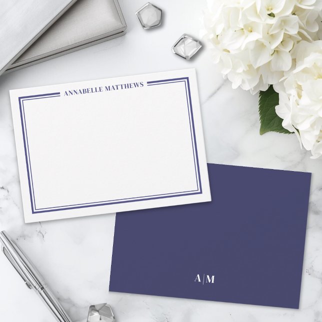 Monogram för marinblått Gräns minimalistiskt Namn Anteckningskort (Navy Blue Border Minimalist Name Monogram Note Card)