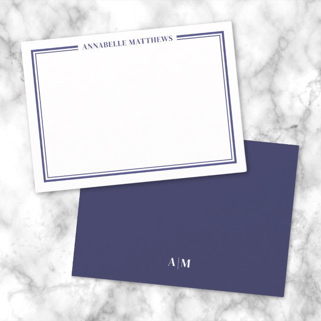 Monogram för marinblått Gräns minimalistiskt Namn Anteckningskort (Navy Blue Border Minimalist Name Monogram Note Card)