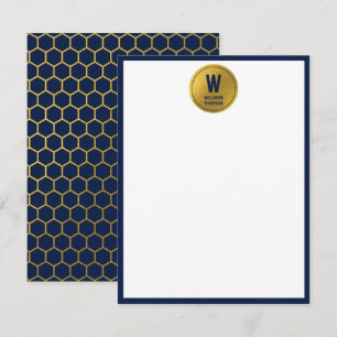 Monogram för marinblått och Guld Hexagon Mönster - Anteckningskort