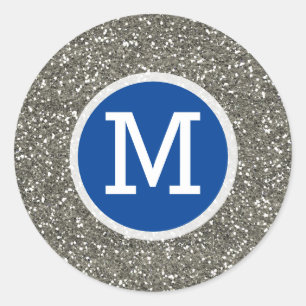 Monogram för marinblått och Silver Glitter Bröllop Runt Klistermärke