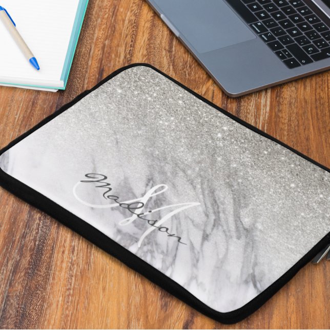 Monogram för marmor från silver Glitter Laptop Fodral (Skapare uppladdad)