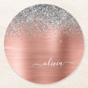 Monogram för Metall vid Silver i Glitter Underlägg Papper Rund