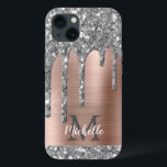 Monogram för metallisk monogram för Silver Glitter<br><div class="desc">Modern, giftig silver grått glitter droppar namn och monogrammat iphone case. Den här designen har droppar i silver grått (grått) glitter-gnistra på rosa ros guld, borstad metall bakgrund med anpassningsbar-personlig som första och första namn-textmall. Perfekt kvinnlig gåva. Observera att den här designen är en utskriven fotoeffekt. Kontakta mig om du...</div>