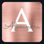 Monogram för metallisk monogram rosa ros Guld Girl Fyrkantigt Klistermärke<br><div class="desc">Rosa ros Guld Faux Girly Metallic Stainless Steel Elegant Sticker. Det här klistermärket kan anpassas så att det omfattar ditt första och första namn för en födelsedag,  möhippa eller bröllop-gåva till paket.</div>