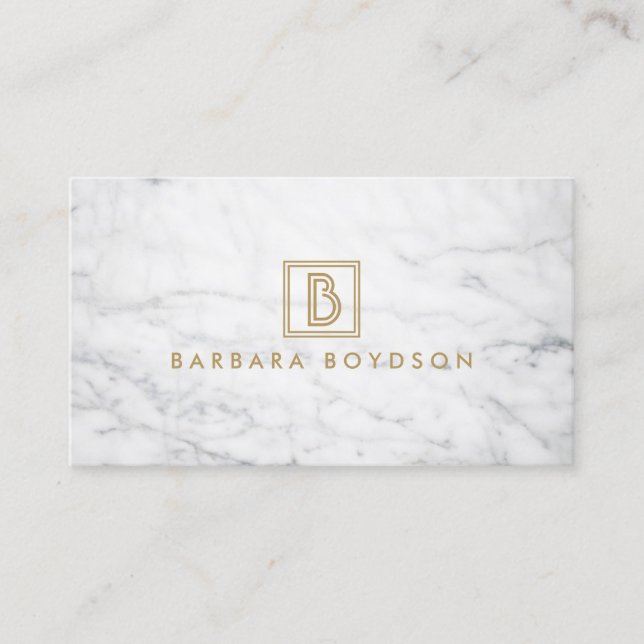 Monogram för minimalistisk vit marble Guld Box Visitkort (Framsida)