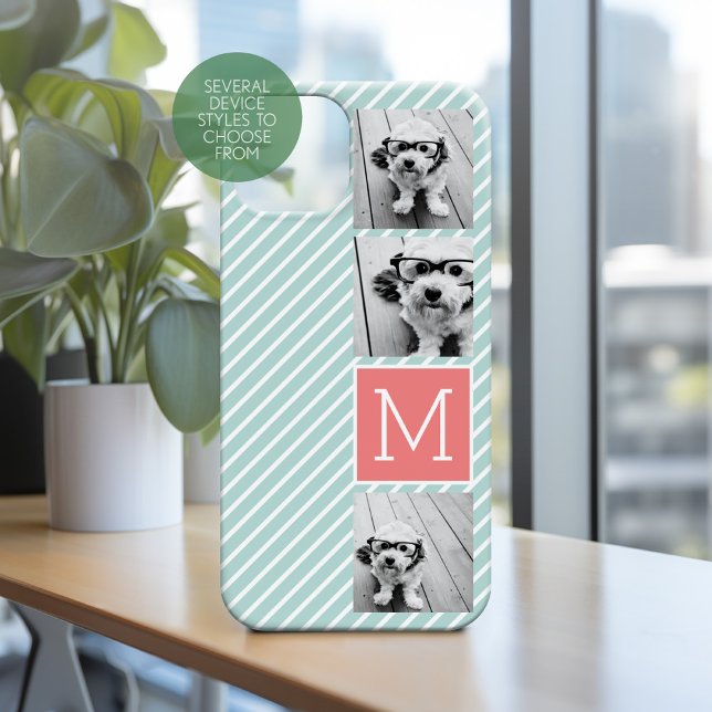 Monogram för Mint and Coral Photo Collage Anpassni (Personalized Phone Case with Custom Photos and Text - Pick Your Device Style)