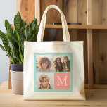 Monogram för Mint and Coral Photo Collage Anpassni Tygkasse<br><div class="desc">Använda 3-kvadratfoton som skapar en unik och personlig gåva. Eller så kan du behålla hipstervalpen och göra ett trendig till keepy. Om du behöver justera bilder klickar du på verktyg för att anpassa ändringar.</div>