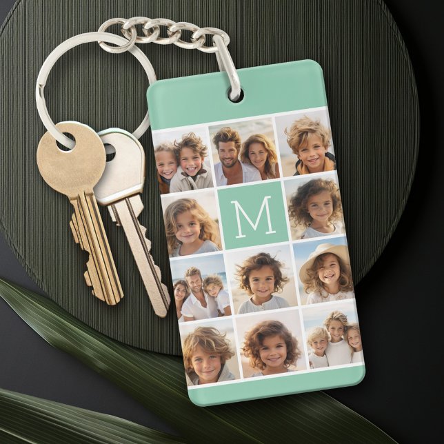 Monogram för Mint-Grönt Unik Anpassningsbar för fo (Personalized Keychain with a photo collage)