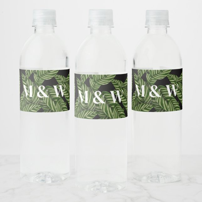 Monogram för Modern Tropical Löv Handflatan Plant  Vattenflaskor Etikett (Flaskor)