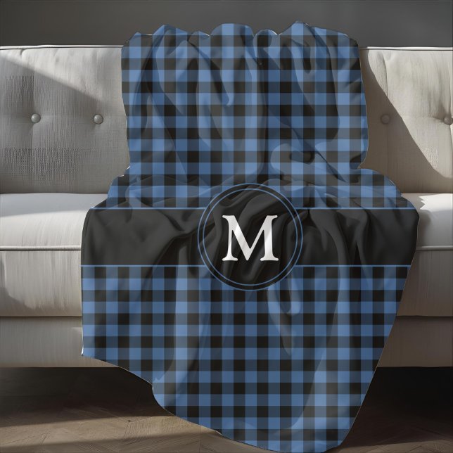 Monogram för moderna blå kontroller fleecefilt (Modern Blue Plaid Checks Monogram Fleece Blanket)