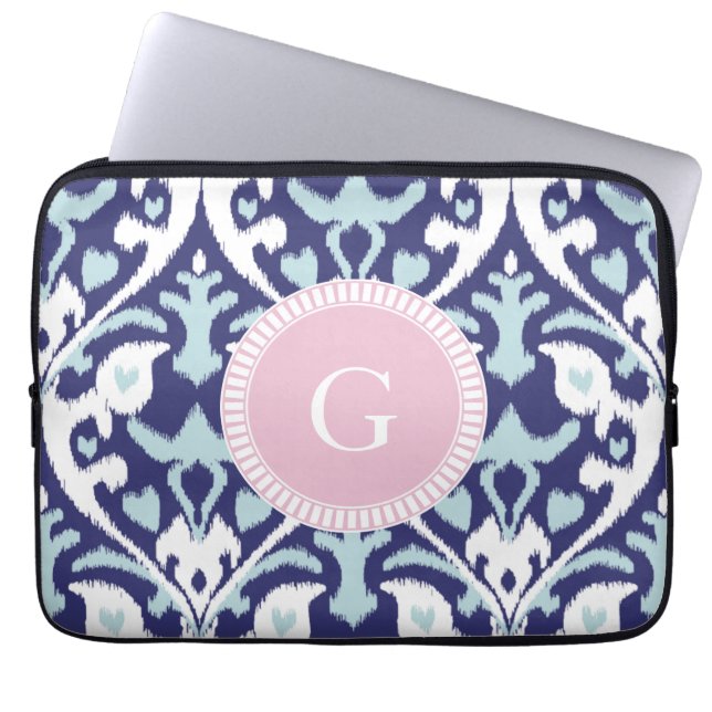 Monogram för mönster för modern för blått ikat laptop sleeve (Framsidan)