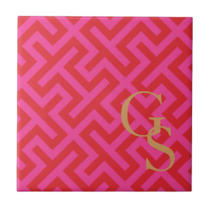 Monogram för mönster för modern rosa greknyckel kakelplatta