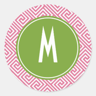 Monogram för mönster för rosa- och gröntgrekny runt klistermärke