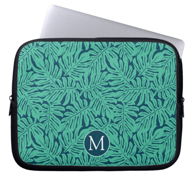 Monogram för Monstera tropisk lövmönster | Laptop Sleeve (Framsidan)