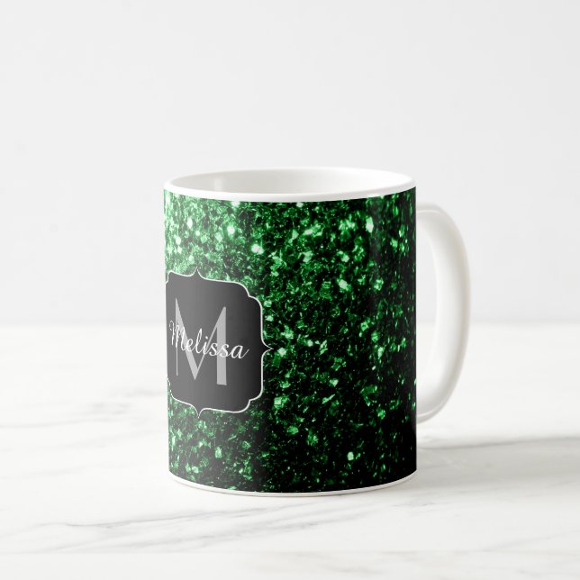 Monogram för mörk grönt faux glitter-sparkler kaffemugg (Framsida höger)