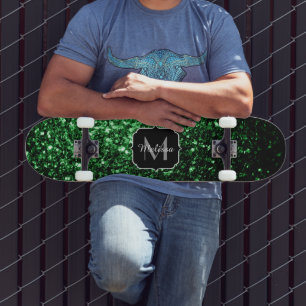 Monogram för mörk grönt faux glitter-sparkler old school skateboard bräda 18 cm