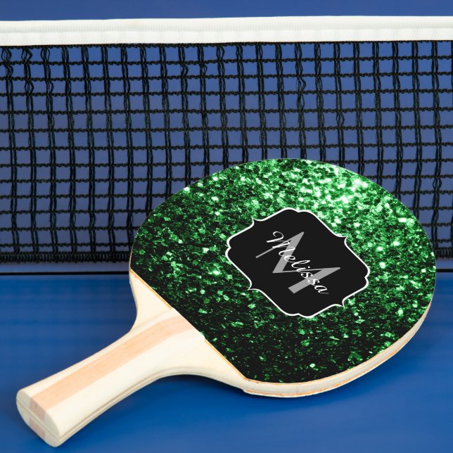 Monogram för mörk grönt faux glitter-sparkler pingisracket (Insitu)