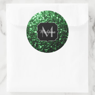Monogram för mörk grönt faux glitter-sparkler runt klistermärke