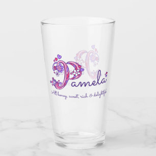 Monogram för Pamela känd menande hjärtablomma P Glaskopp
