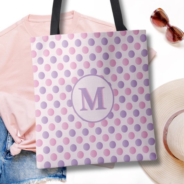 Monogram för Pastel Rosa och Lila Polka dots Tygkasse (Skapare uppladdad)