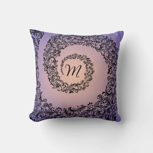 Monogram för persiko- och Lila Damask Kudde (Framsida)