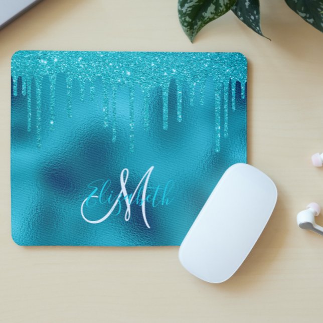 Monogram för Personlig av turkos-dropp i Glitter Musmatta (Skapare uppladdad)