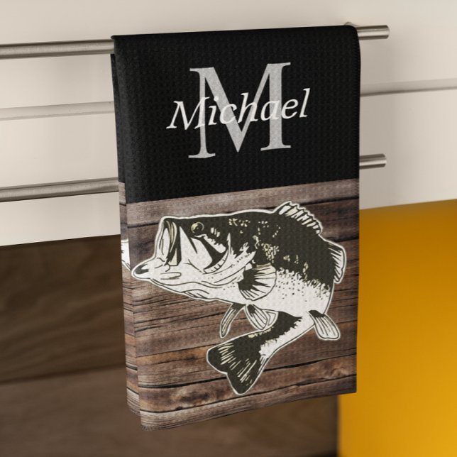 Monogram för personlig Bass-fiske utanför kusten Kökshandduk (Cool Largemouth Bass Fishing Bar or Kitchen Towel for the Cook or Bartender )