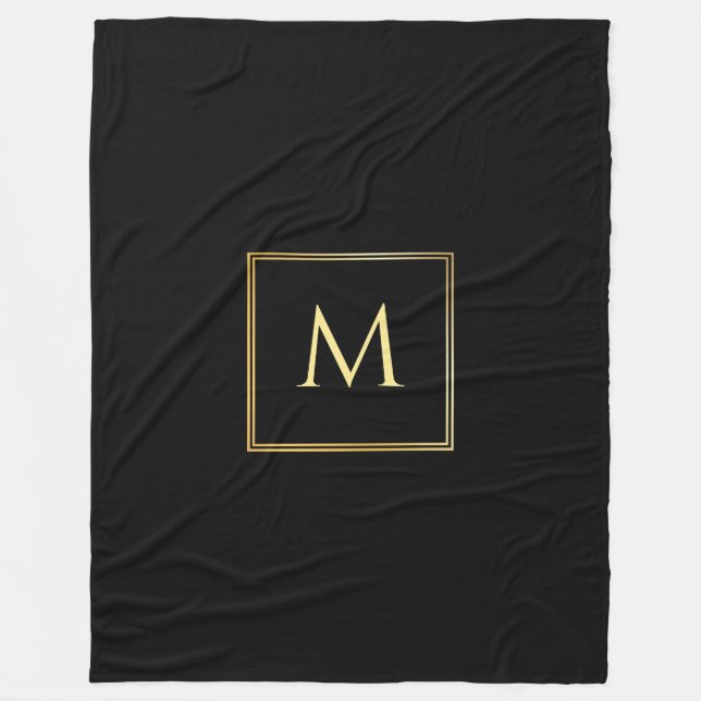 Monogram för personlig Black and Guld Elegant Fleecefilt (Framsidan)