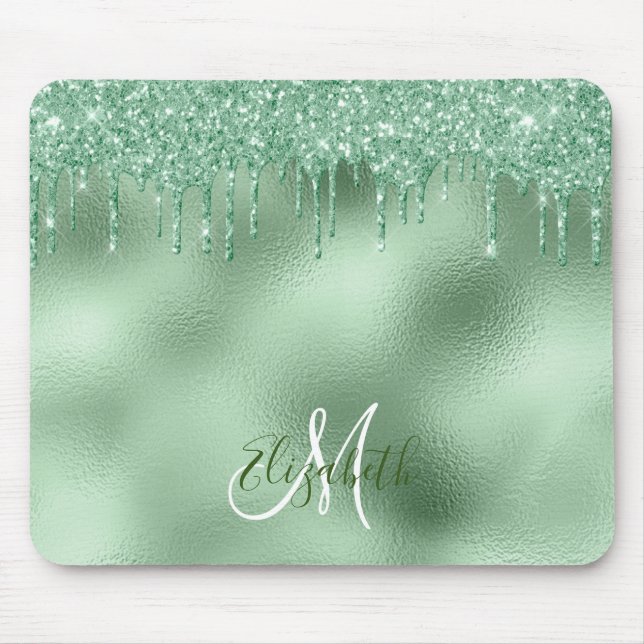 Monogram för Personligen Mint Grönt Foil Glitter Musmatta (Framsidan)