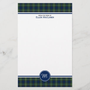 Monogram för pläd för blått och för grönt f brevpapper