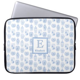 Monogram för Preppy Blue and White Ginger Burk Laptop Fodral