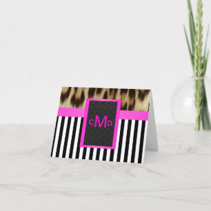 Monogram för rand för vit för Leopardshock Tack Kort