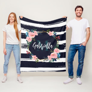 Monogram för rand och Blommigt Ram Fleecefilt