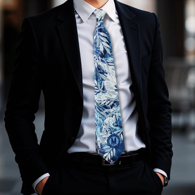 Monogram för reflektion av blått ljus i elegant slips (Elegant Blue Light Reflection Neck Tie)
