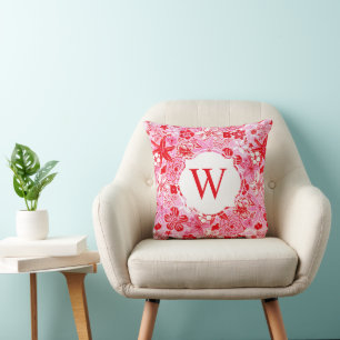 Monogram för Röda och Rosa-blommor från Preppy Han Kudde