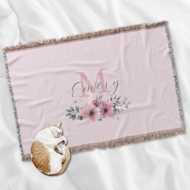 Monogram för rosa av vattenfärgad blommigt i botan filt (Botanical chic pink watercolor floral monogram throw blanket)