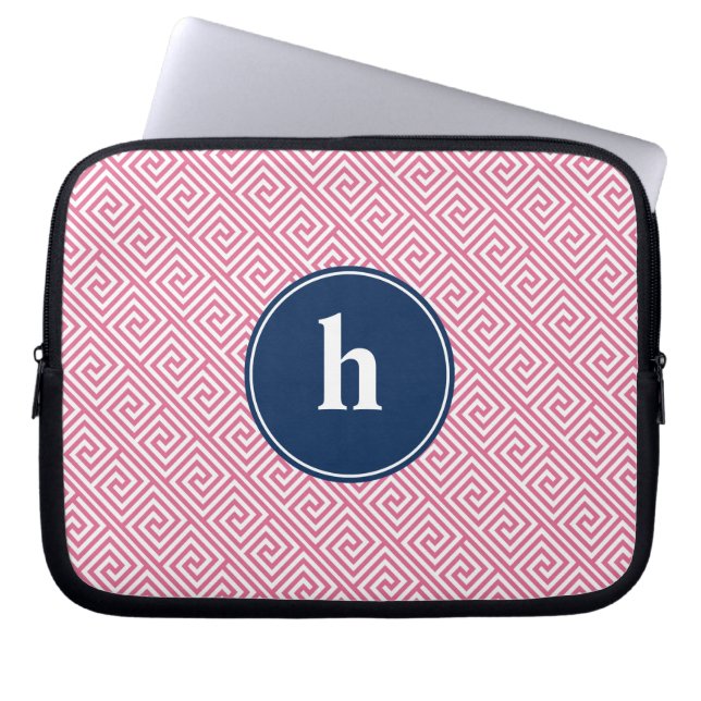Monogram för rosa och blått grekiskt Nyckel-Mönste Laptop Sleeve (Framsidan)