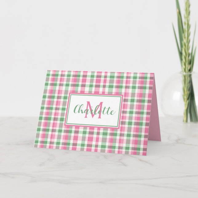 Monogram för Rosa och Grönt av vallmo Anteckningskort (Framsida)