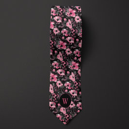 Monogram för rosa och svart Blommigt för vattenfär Slips