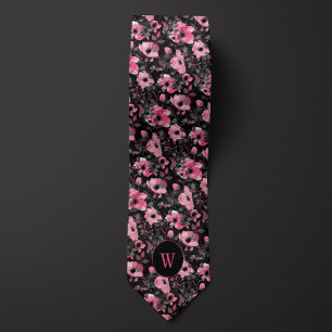 Monogram för rosa och svart Blommigt för vattenfär Slips