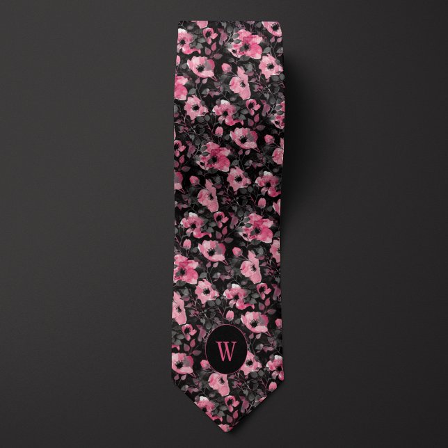 Monogram för rosa och svart Blommigt för vattenfär Slips (Skapare uppladdad)