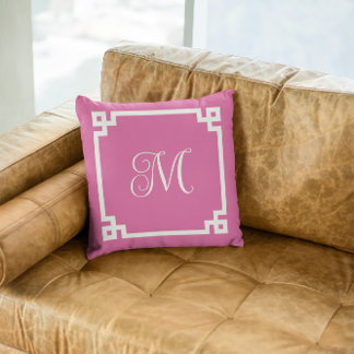 Monogram för rosa och vitgrekiska Nyckel Gräns Kudde
