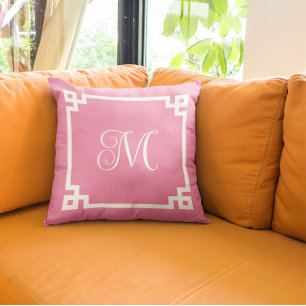 Monogram för rosa och vitgrekiska Nyckel Gräns Kudde