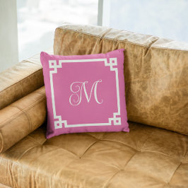 Monogram för rosa och vitgrekiska Nyckel Gräns Kudde