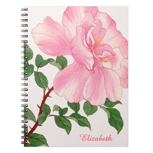 Monogram för rosa ros Flower & Grönt Löv Anteckningsbok (Framsidan)
