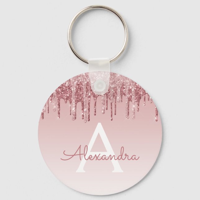Monogram för rosa ros Guld Glitter och Gnistra Nyckelring (Framsida)