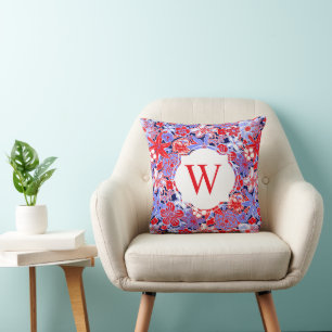 Monogram för Rött vitt blått blommor från Preppy H Kudde